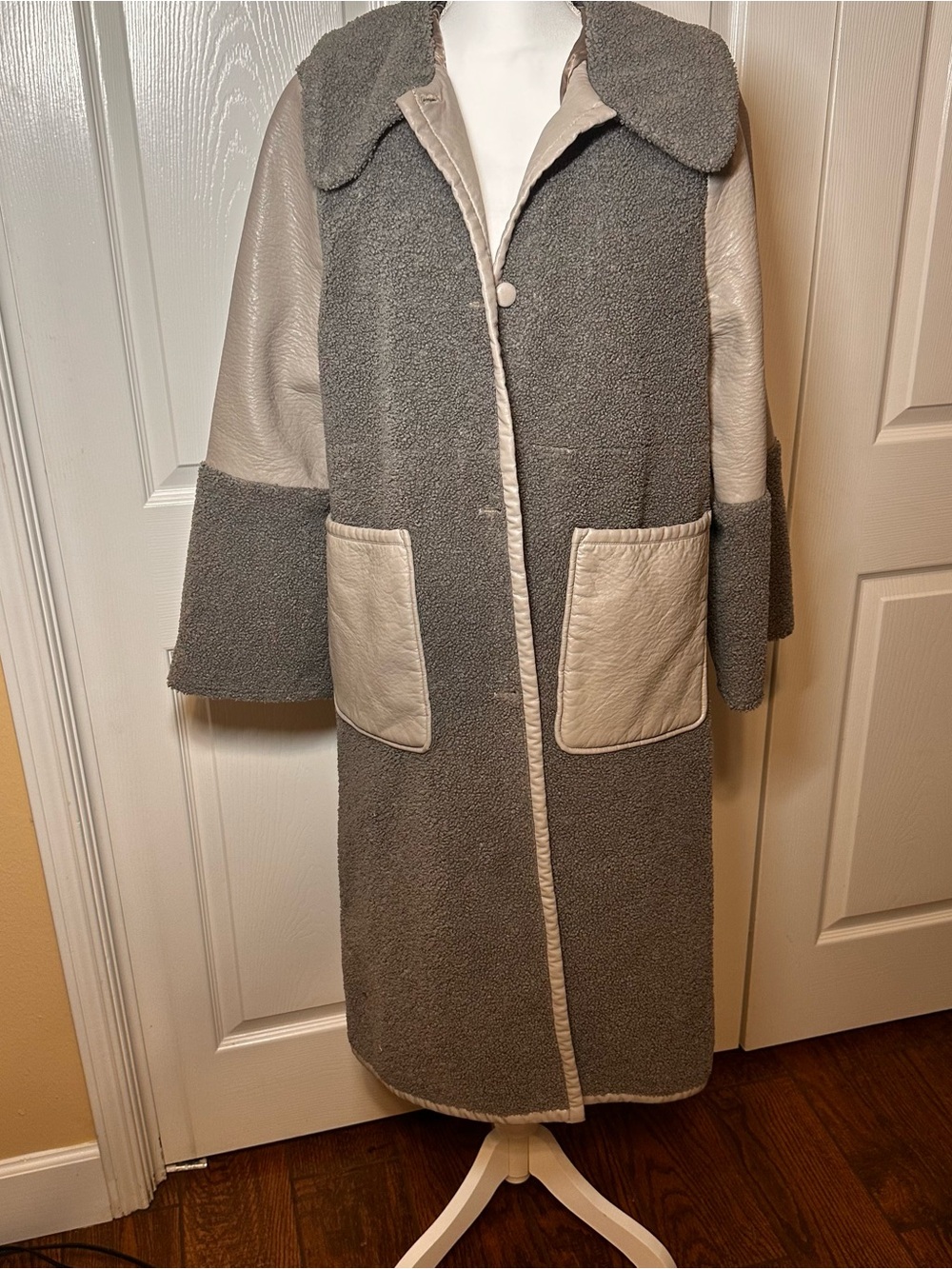 Cozy Two-Tone Teddy Long Coat in Gray & Cream